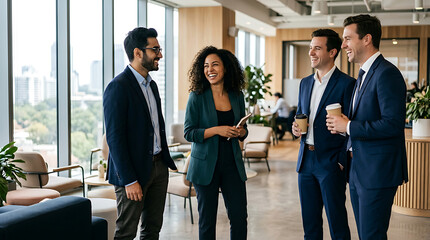 Obraz premium Four business professionals casually conversing in a modern office lobby setting people