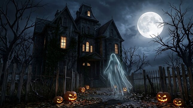 Ghost floating in front of a haunted house on Halloween night illustration