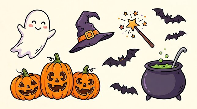 Cute Halloween ghost pumpkins witch hat and magic wand set illustration