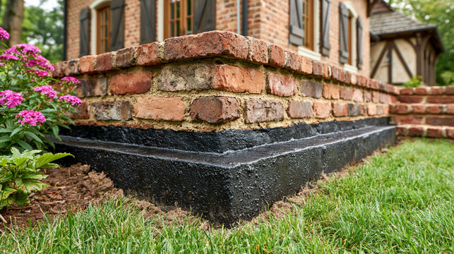 Close-up of a brick base on a concrete foundation with horizontal waterproofing using bituminous material, protecting the foundation from moisture and ensuring its durability.