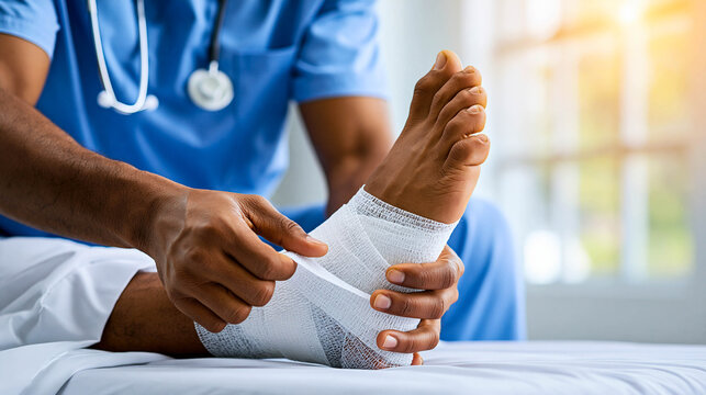 A medical worker in a blue uniform carefully applies an elastic bandage to the injured foot of a patient lying in a hospital bed, close-up.