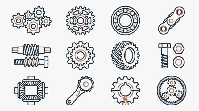 Collection of mechanical engineering components and parts.