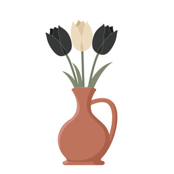Clay pitcher with black and white tulips isolated on white background vector illustration