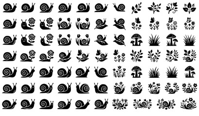 Snail in Flower Garden Silhouette Vector Set with Floral Nature Black Designs © Sifat