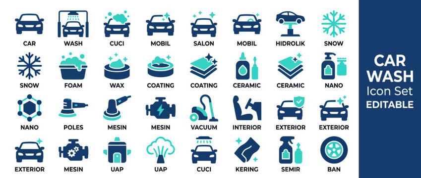 Car wash and auto detailing service icon set for vehicle maintenance