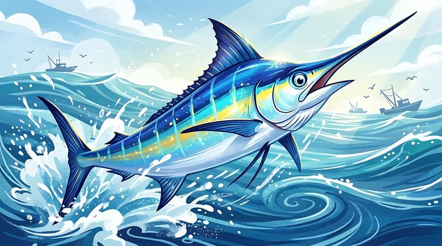 Blue marlin fish jumping out of the ocean waves illustration