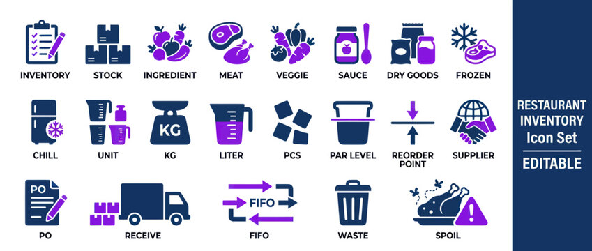 Food service and restaurant inventory management icon collection