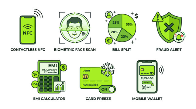 Fintech and digital banking icon set featuring mobile payment tools