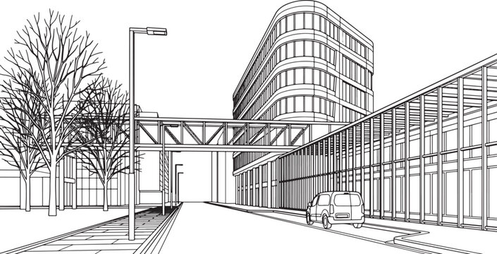 Architectural sketch of a modern office building complex with a pedestrian bridge and street view vector illustration