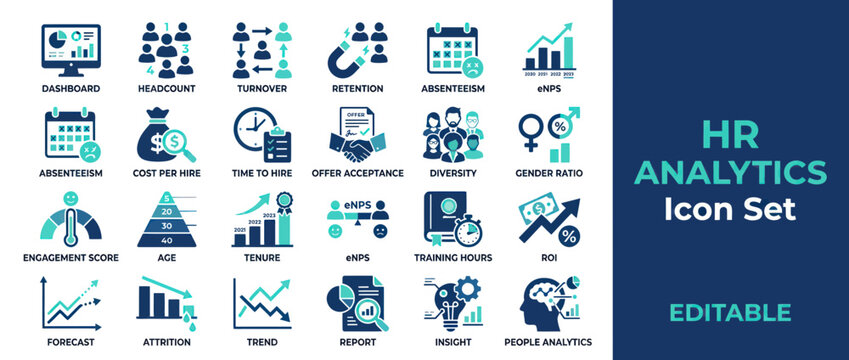 Human resources analytics icons for business data management