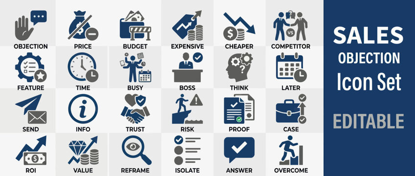 Sales objection and business negotiation icons in blue and gray