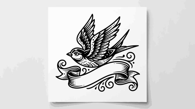 Swallow Bird Tattoo Style Drawing with Banner