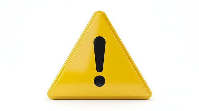 Shiny yellow warning sign with black exclamation mark symbol isolated on white background.