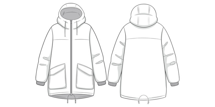 Hooded winter jacket front, back technical sketch, ribbed cuffs hem drawstring , fashion garment design, apparel construction drawing, clothing template, sewing pattern, flat vector illustration