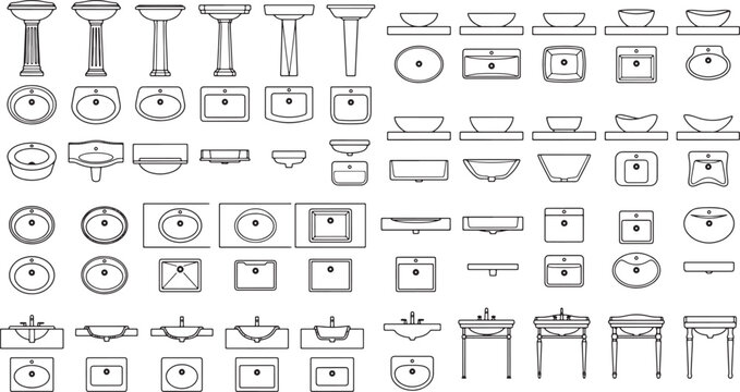 Bathroom sink and washbasin top view and front view icons set for architectural interior design plans