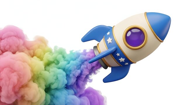 Cartoon rocket ship blasting off with vibrant rainbow smoke trail