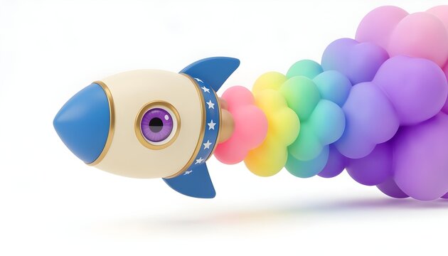 Whimsical cartoon rocket ship blasting off with a vibrant rainbow cloud exhaust