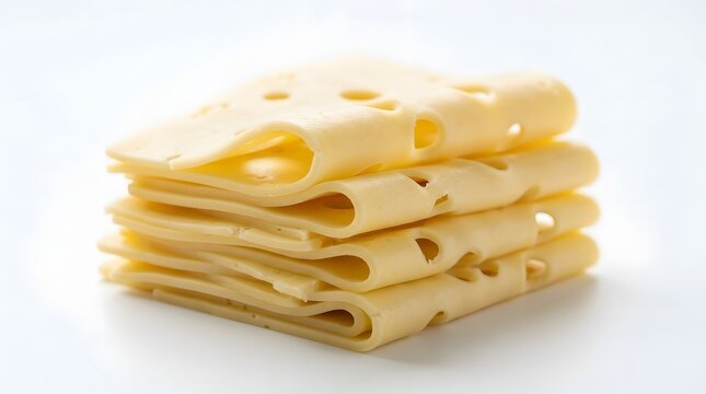 Swiss cheese slices stacked on white background showing characteristic holes and creamy pale yellow.