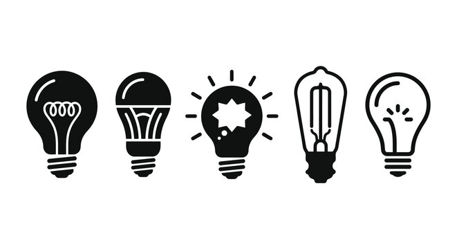 Five light bulb silhouettes in varying styles a black and white collection silhouette lightbulb bulbs