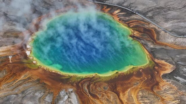 Aerial view of the geothermal hot spring scenery of the Grand Prismatic in Yellowstone National Park, USA