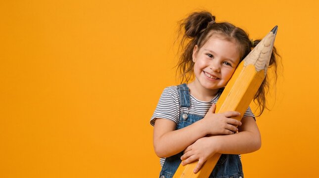 back to school  Little girl holding a giant yellow pencil standing against a bright orange studio background wearing striped shirt and denim overalls smiling at the camera lens