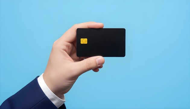 Person in suit holding a blank black credit card with chip against blue background