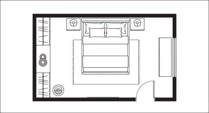 Bedroom floor plan layout with double bed and wardrobe furniture in a top down architectural vector drawing