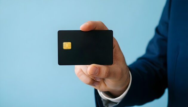 Person in blue suit holding a blank black credit card with chip