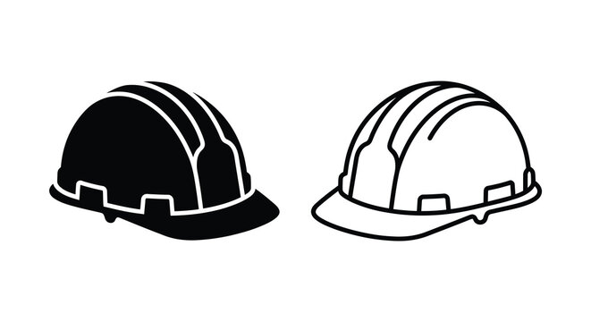 Construction helmets in black and white line art a safety equipment silhouette helmet hard hat