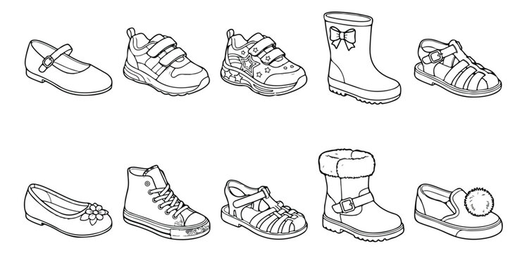 Children's Footwear Collection, 10 black and white line art vector illustrations, kids shoes, boots, sneakers, and sandals for fashion, retail, and apparel design