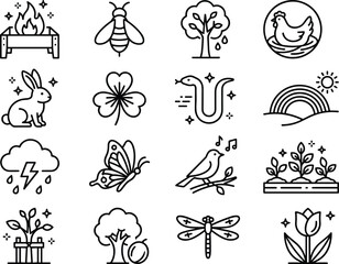 Fototapeta premium Nature wildlife and farming line icon set featuring animals insects plants trees weather and outdoor elements,