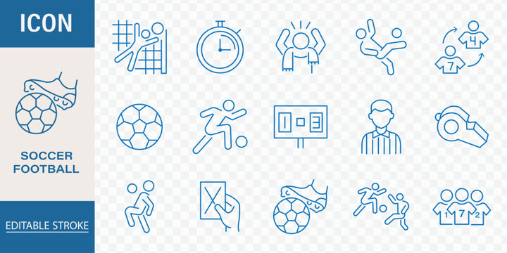Soccer and football championship thin line icon set containing stadium ball whistle jersey field and scoreboard symbols. playoff bracket match scoreboard championship trophy and field tactics chart