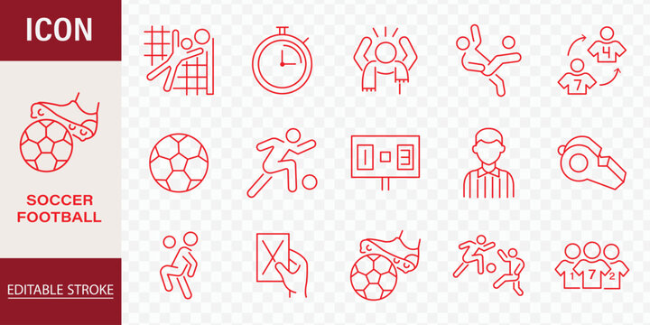 Soccer and football championship thin line icon set containing stadium ball whistle jersey field and scoreboard symbols. playoff bracket match scoreboard championship trophy and field tactics chart