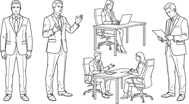Business people in office situations set with men and women working in formal suits line art illustration
