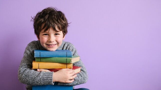 Happy little boy holding a stack of colorful vintage books against a soft purple background wearing a grey sweater for school or home learning concepts