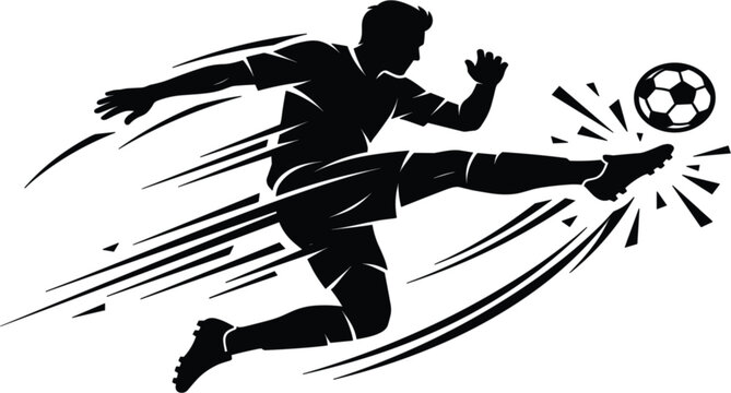 Dynamic Soccer Player Silhouette Kicking Ball with Speed Motion Lines and Exploding Shatter Effects for Sports Team Logo Graphic Designs