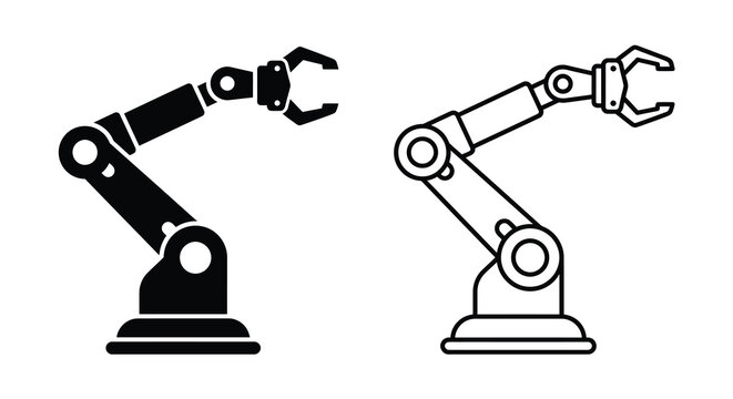 Robotic arm with gripper two versions in black and white silhouette robot industrial automation manufacturing