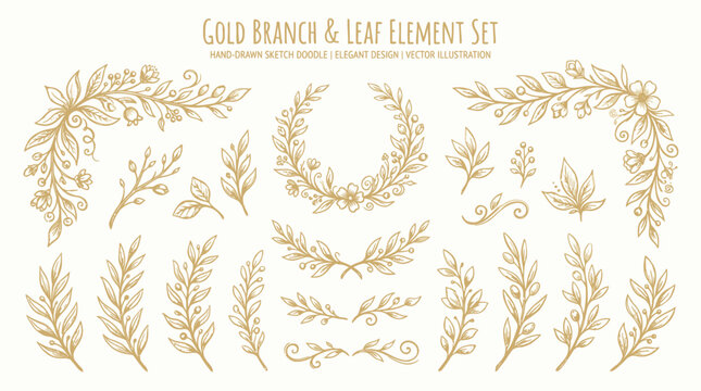 Gold Hand Drawn Floral Branches Wreath Leaves Vector Wedding Stationery Elements