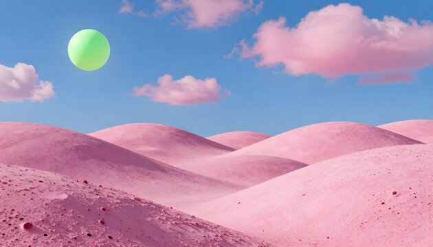 Surreal pink desert landscape with a glowing green orb floating in the sky