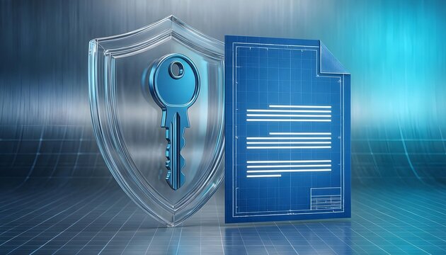 3D render of a transparent shield with a key and blueprint for security concept