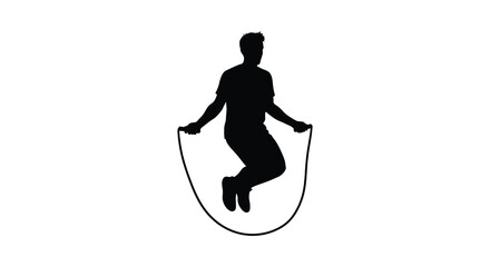 Person jumping rope in mid air a black silhouette against a white background © RmANom