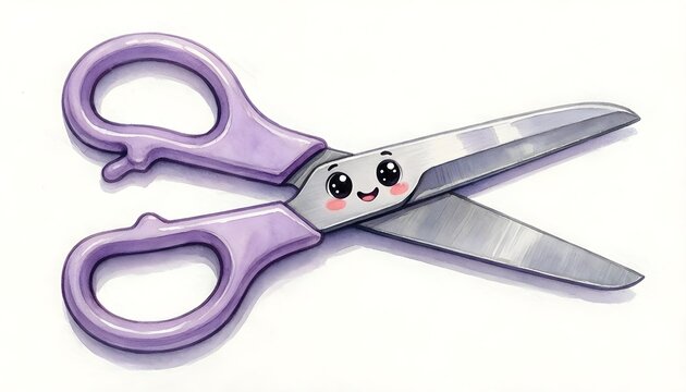 Cute anthropomorphic scissors with a happy face and purple handles