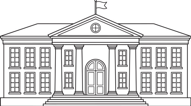 Classical government building facade with columns and flag in a simple black and white line art style