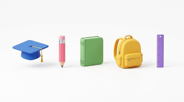 School supplies icons featuring a graduation cap pencil book backpack and ruler arranged in a row isolated on a clean white background for education design