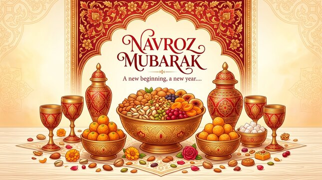 Navroz Mubarak Vector Greeting with Haft-Sin Elements, Traditional Persian New Year Celebration Background, Iranian Nowruz Festive Sweets, Nuts, and Decorative Ornaments Banner