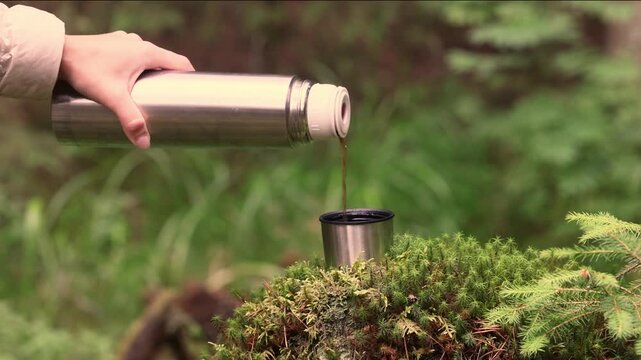 Close up of thermos pouring coffee into cup during outdoor hiking in green forest nature setting with eco lifestyle and travel concept.