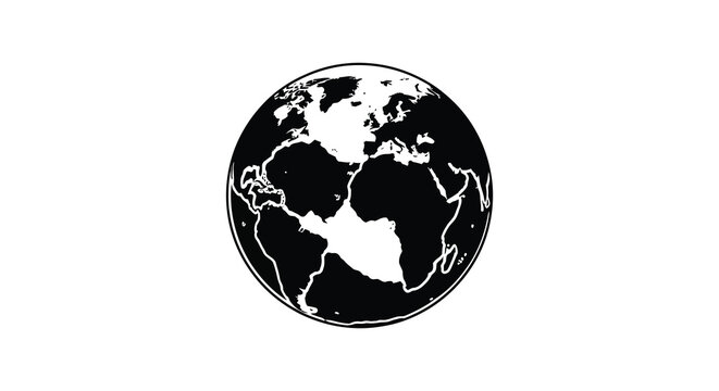 Black and white silhouette of the earth with continental outlines on a white background silhouette