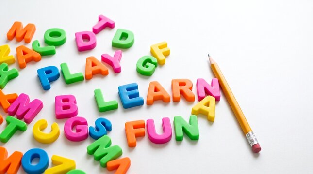  back to schoo Plastic alphabet letters spelling learn and fun with a wooden pencil on a clean white background representing early childhood education and creative school study concepts