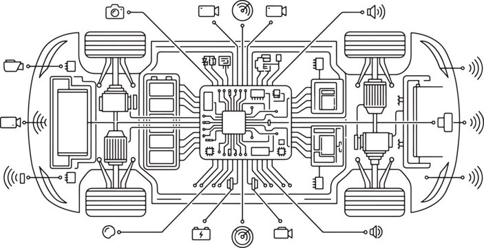 Electric vehicle chassis schematic with electronic control unit and sensor network icons in a flat line vector illustration