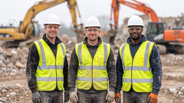 Demolition team safety portrait, Exterior construction crew, Protective gear workers, Controlled demolition job site, Professional group